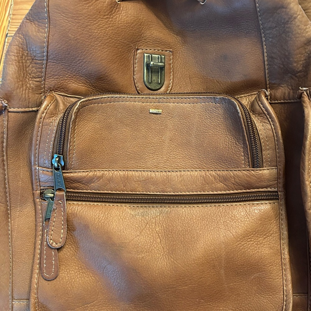Tan Leather Drawstring Backpack With Front Zip Po… - image 4